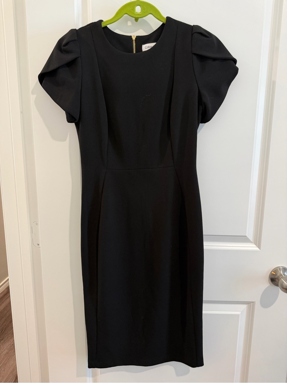 Calvin Klein Black Puff-Sleeve Midi Sheath Dress